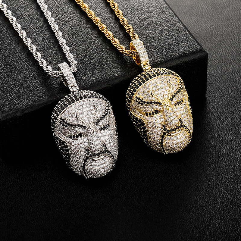 Chinese Peking Opera Mask Rhinestone Pendant Necklace for men Jewelry