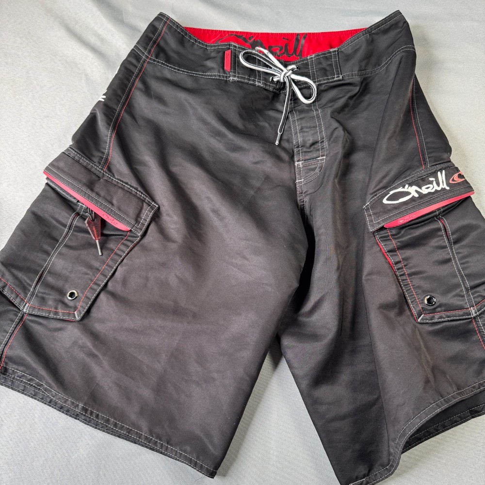 O'Neill Cargo Boardshorts 34 Black Red Lace Up Surf Swim Trunks Pockets