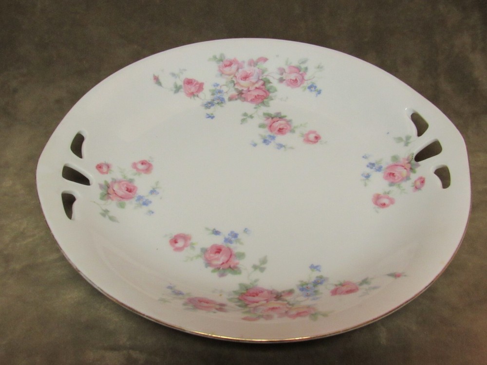 Vintage 1920s Roman V German Porcelain Pink Rose Cake Plate with Open Handle