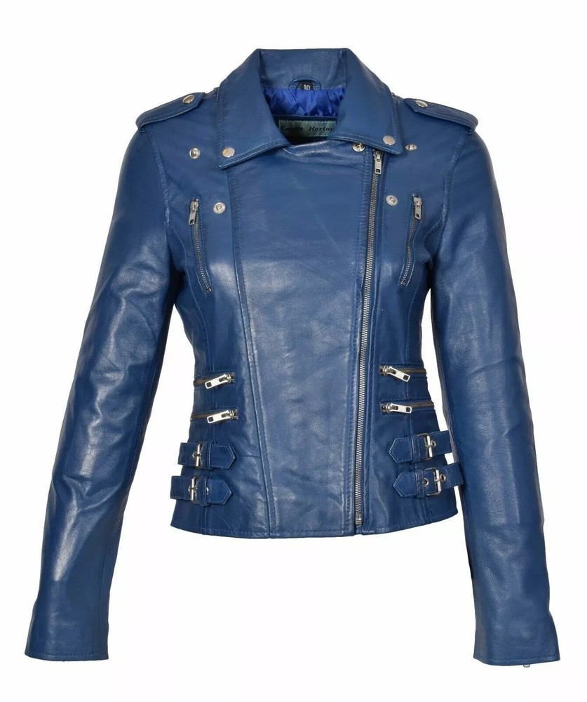 Women's Genuine Lambskin 100% Real Leather Blue Biker Stylish Motorcycle Jacket