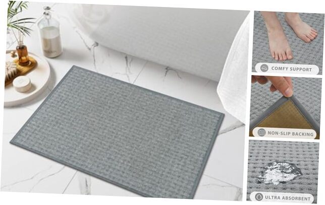 Gray Non-Slip Waffle Bath Mat Modern 16x24 Inch Grey Bathroom Rug