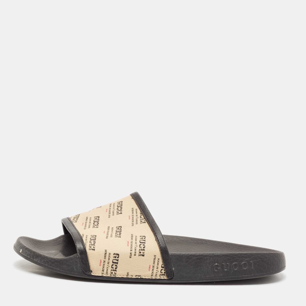 Gucci Cream/Black Canvas and Leather Flat Sandals Size 41