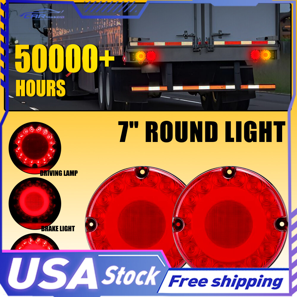 7-Inch Round Red LED Trailer Truck Bus Stop Turn Signal Tail Brake Light Flash – 2 Pack