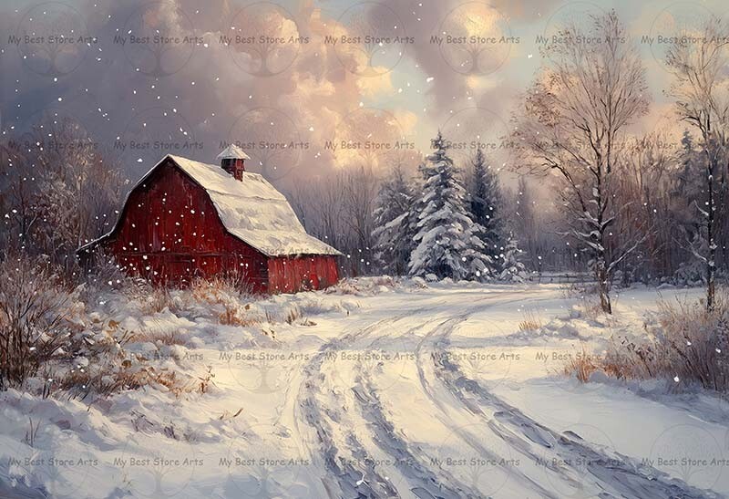 SNOWY BARN FOREST TREE ART PRINT, Painting Decor, Winter Landscape Poster E368