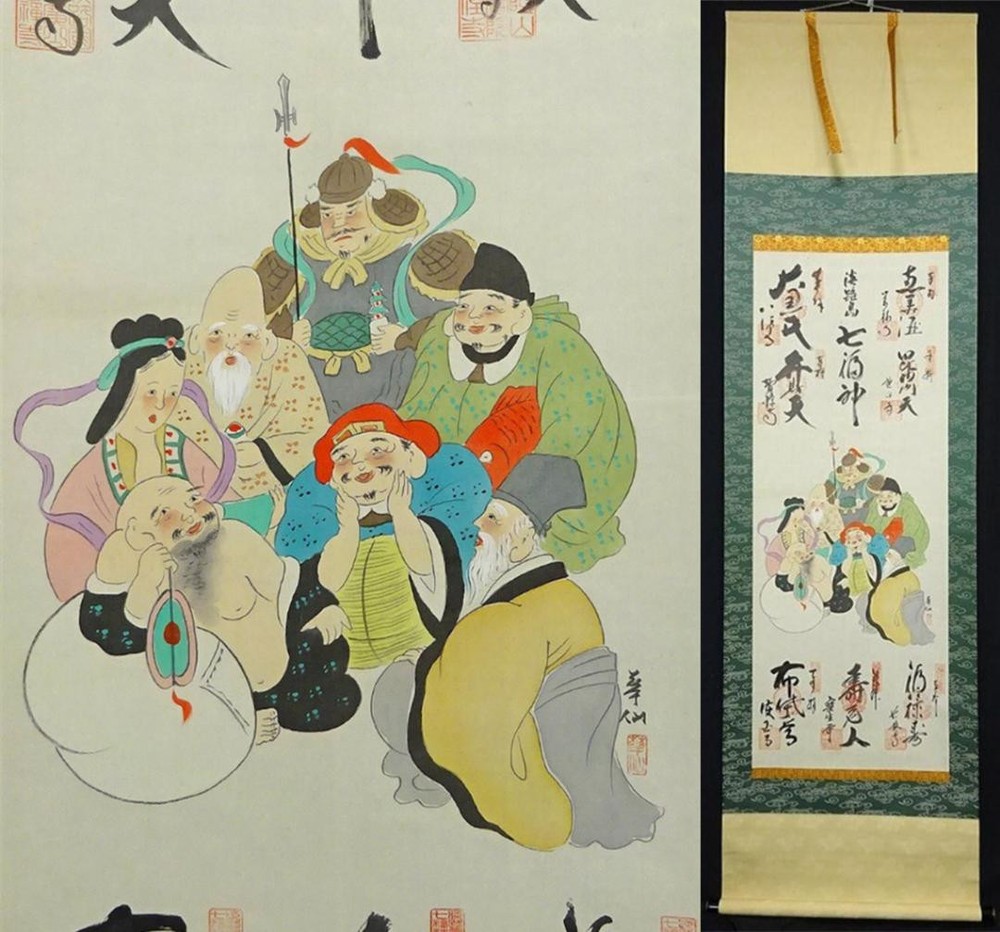 Hanging Scroll, Hanasen, Awaji Island Seven Lucky Gods Tour Goshuin, Silk, Handw