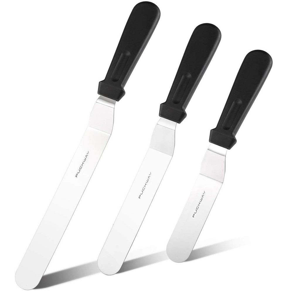 Offset Frosting Cake Knife set of 3 Black 6 8 & 10 Inch Angled Icing Spatula ...