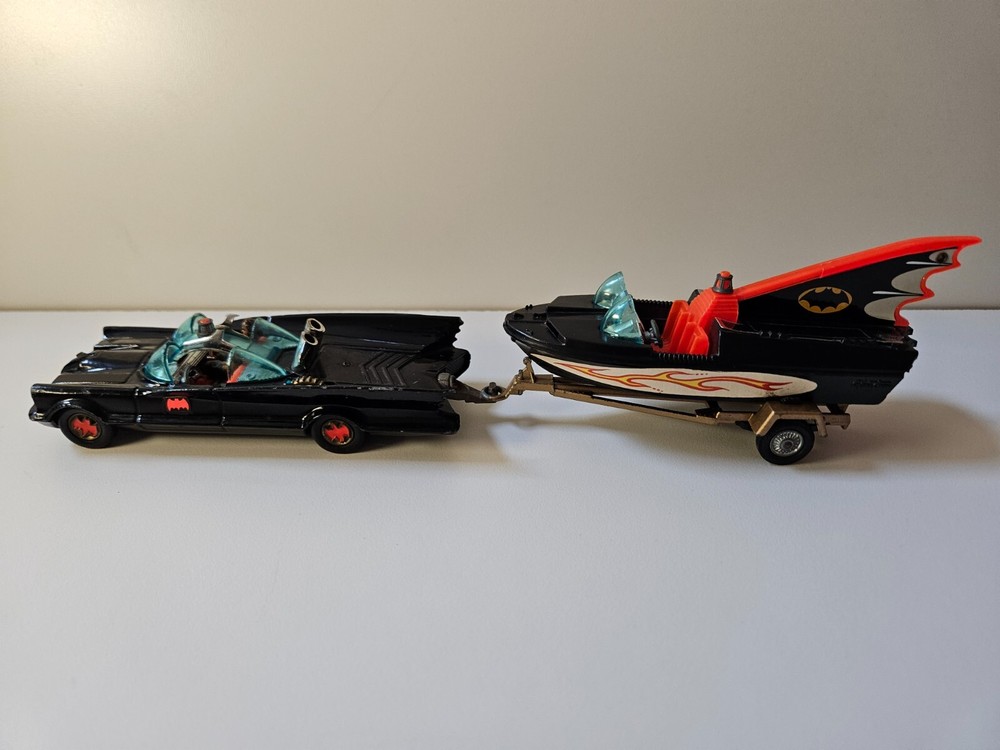 Vintage 1960s Corgi Batmobile with Glastron Bat Boat Trailer Set