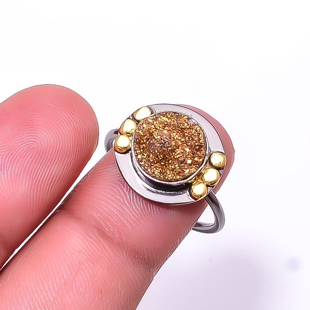 Golden Titanium Agate Drusy Black And Gold Plated 925 Silver Ring s.8 R39