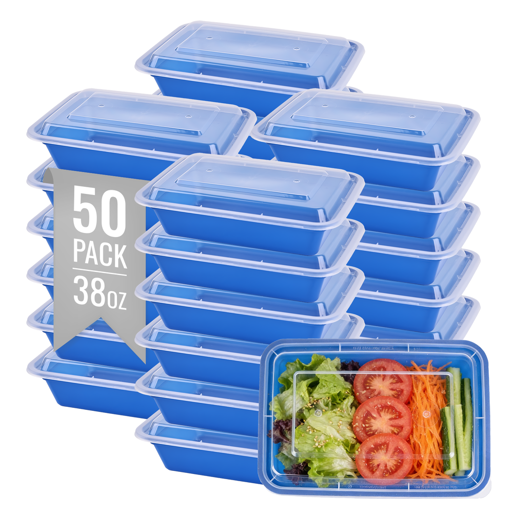 50 Pack 38 oz Blue Plastic Food Storage Containers with Lids, Reusable