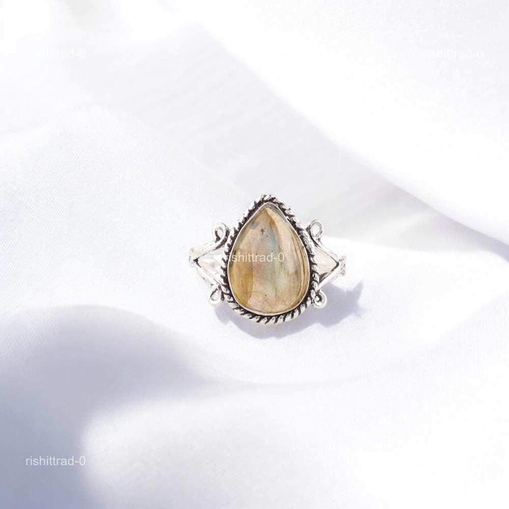 Christmas Sale Pear Labradorite Stone 925 Silver Handcrafted Boho Band Wife Ring-image