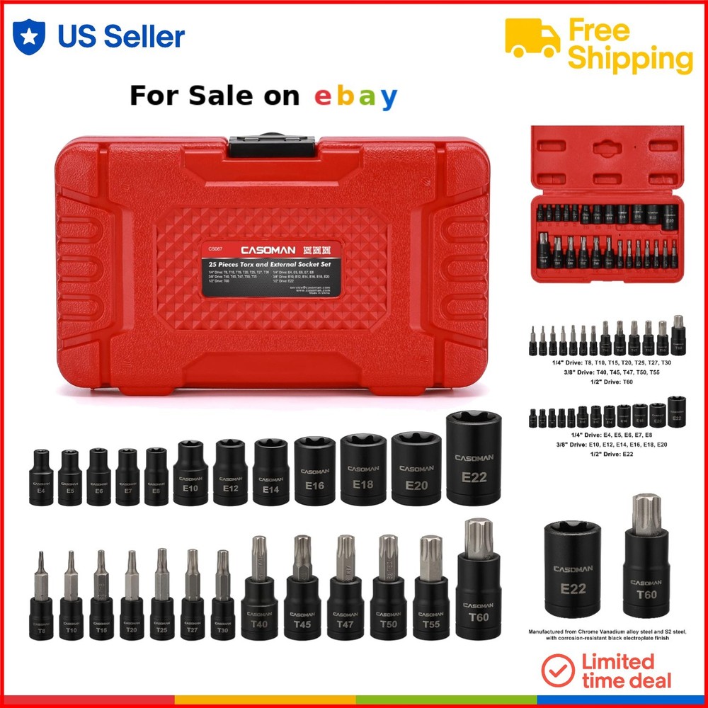 25 Piece Chrome Vanadium Steel Torx & E-Torx Socket Set Durable for Automotiv...