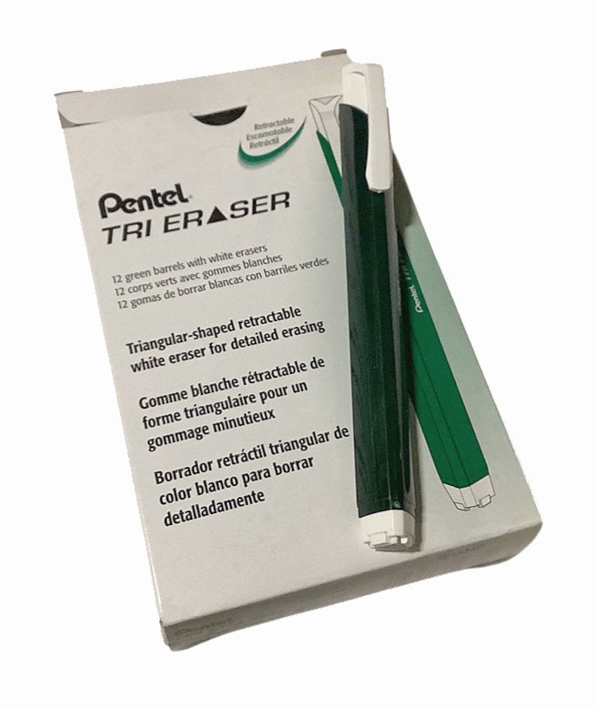 NEW Pentel 12-PACK Tri Retractable White Pencil Erasers GREEN Barrel Angled Grip
