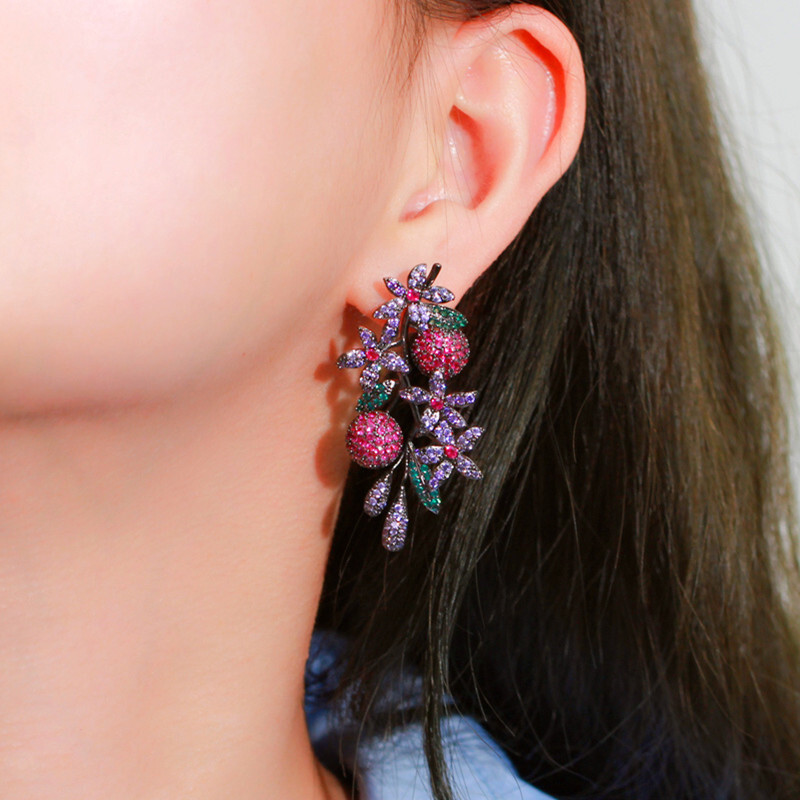 Women Elegant Black Gold Plated Cubic Zircon Flower Earrings Drop Dangle Jewelry