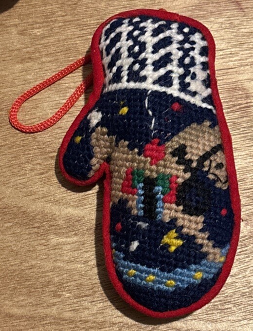 Vintage Needlepoint Mitten Christmas Ornament with Red Velvet Back 5 Inch