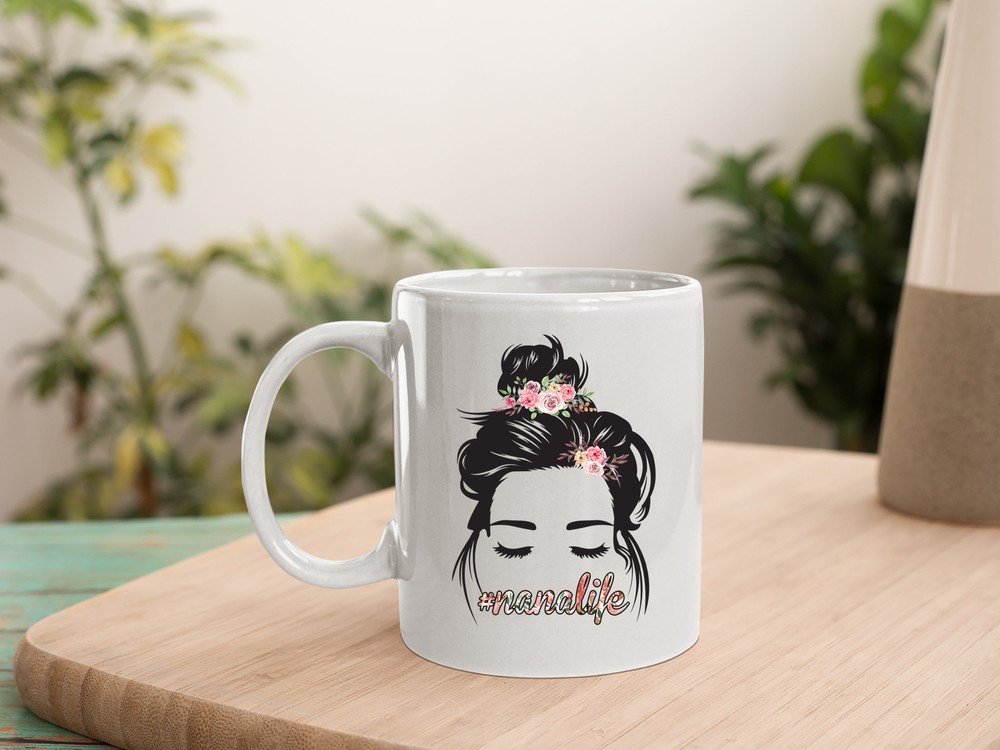 Curly Hair Messy Bun Flowers Nana Life Mug Mother's Day Mug