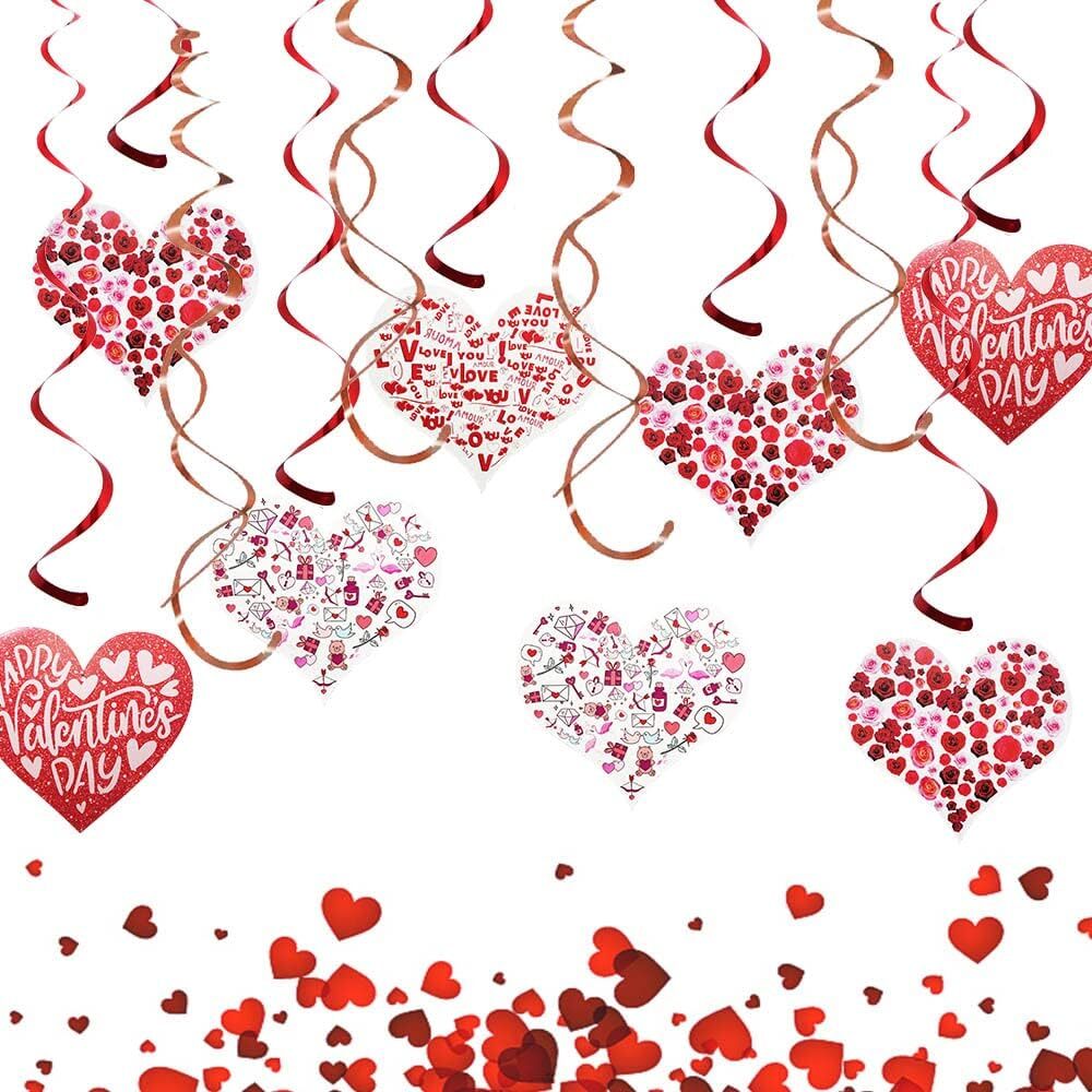 12-Pack Valentine's Day Glitter Red Foil Hanging Swirl Decorations  