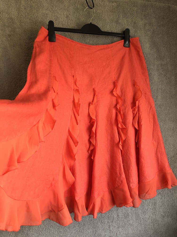 Per Una Coral Orange Flared Linen Skirt UK 16 Swishy Summer Panelled