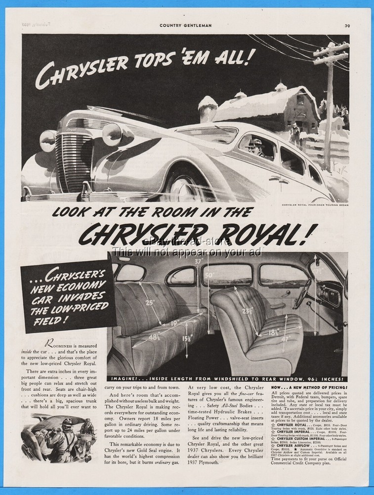 1937 Chrysler Royal Four Door Sedan Interior View Tops Em All Automobile Car Ad