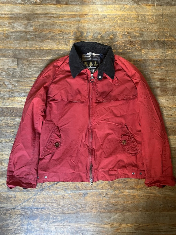 Red Barbour Harrington jacket with black corduroy collar jacket