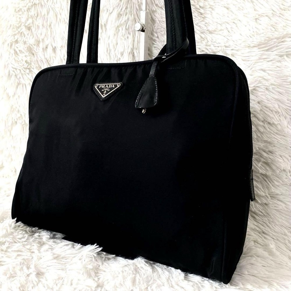 Prada A4 Nylon Tote Bag with Triangle Logo and Padlock in Black White Preowned