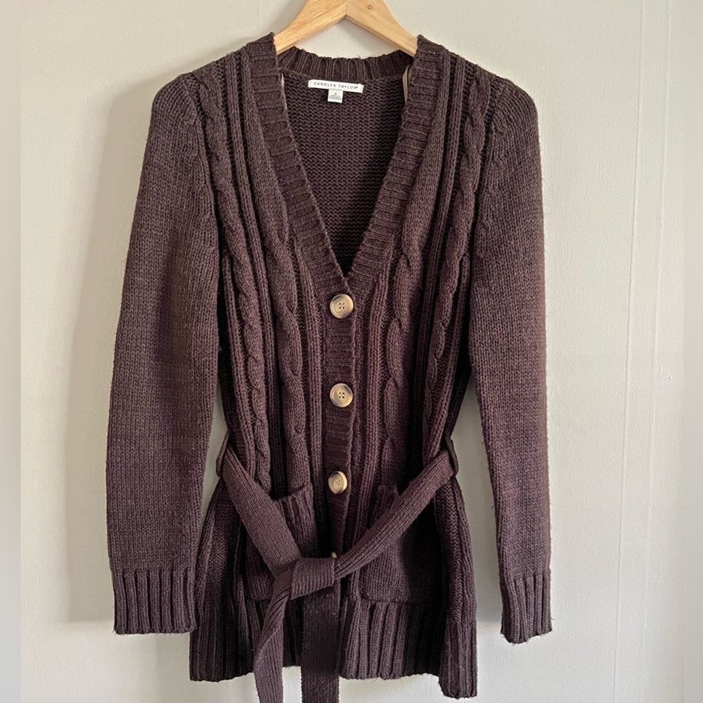 Carolyn Taylor chocolate brown button-front cable knit belted cardigan