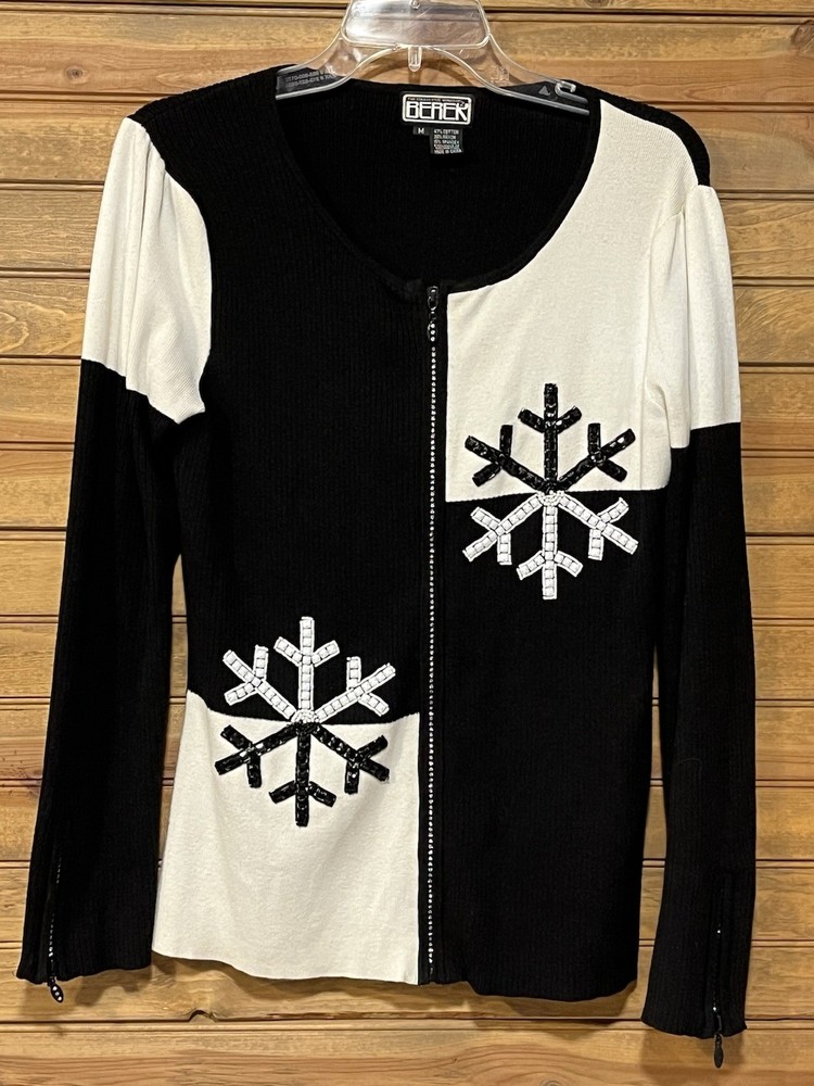Berek 2 Womens Black White Color Block Zip Sweater with Beaded Rhinestones Size M