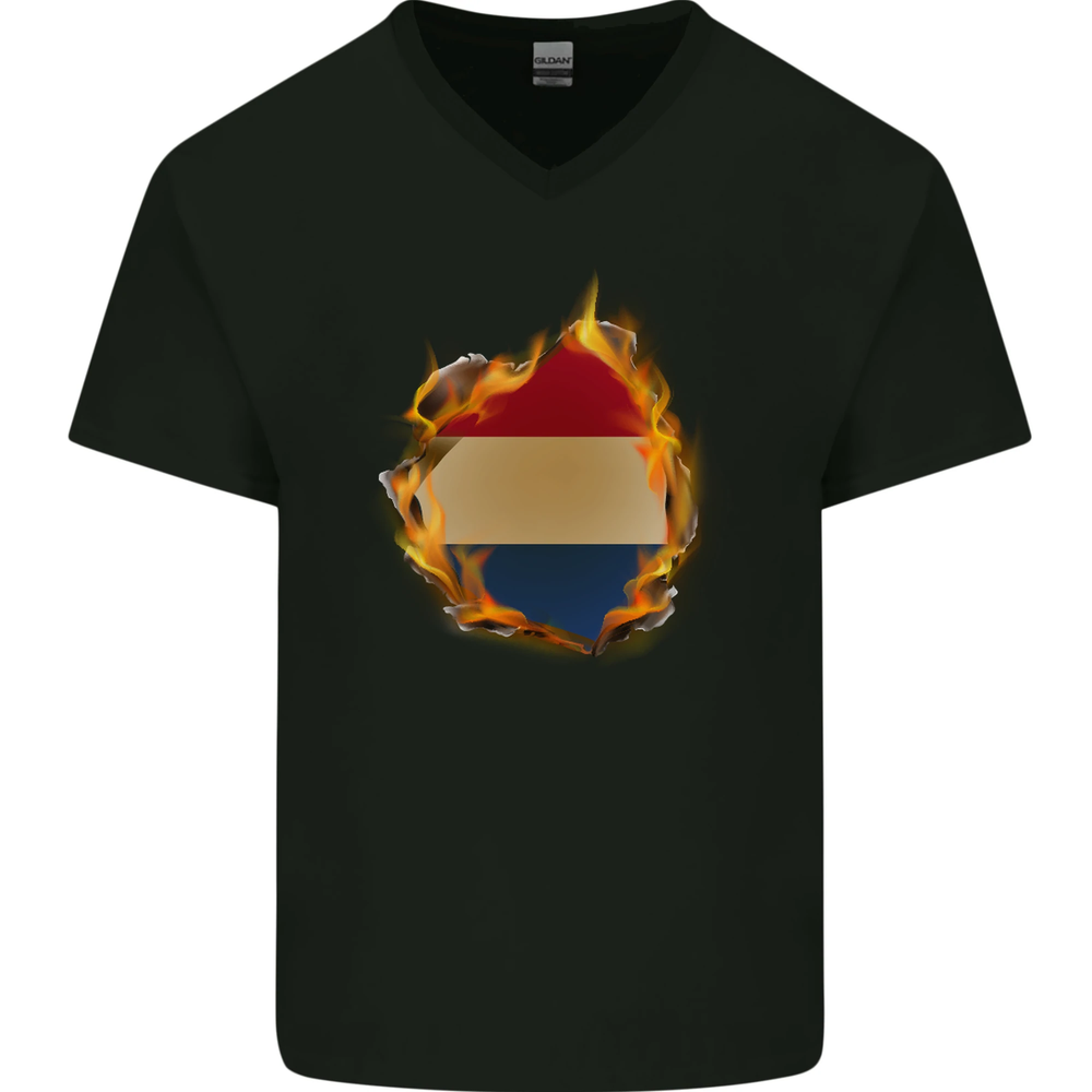 Dutch Flag Fire Effect Holland V-Neck Cotton Tee for Men  