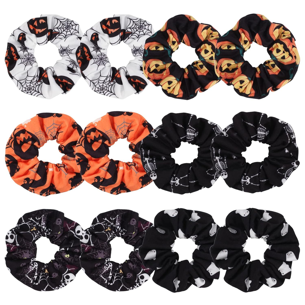 12PCS Halloween Hair Scrunchies Soft Fall Pumpkin Skull Ghosts Bat Spider Web Ha
