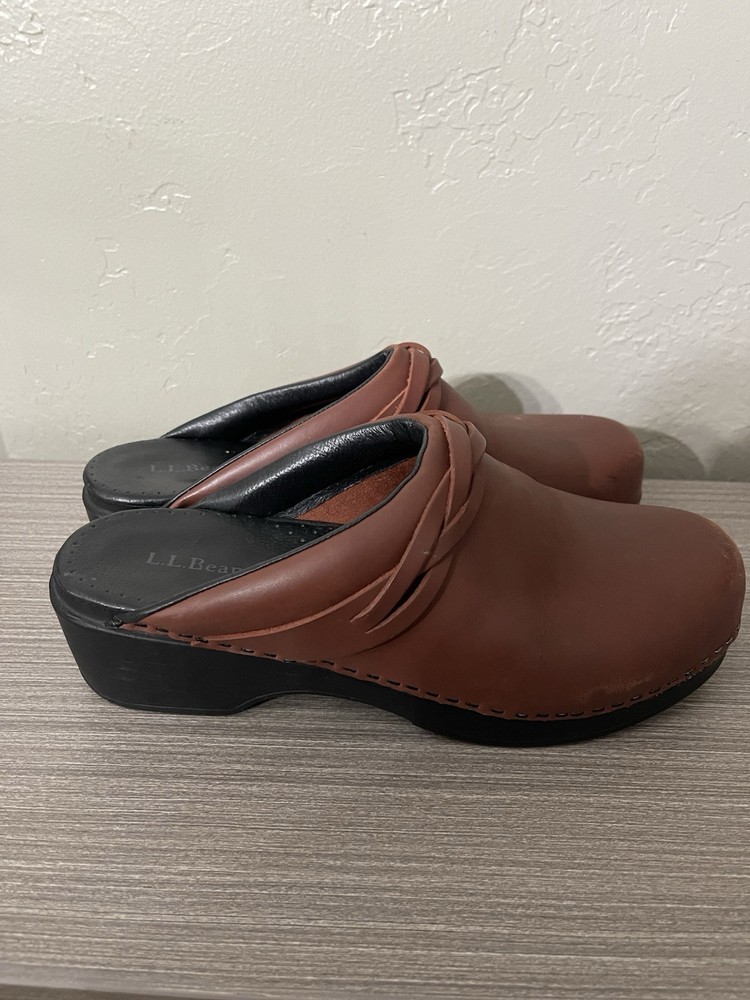 LL Bean Women's Size 41 Leather Clogs Mules Shoes Brown Open Back Slip On