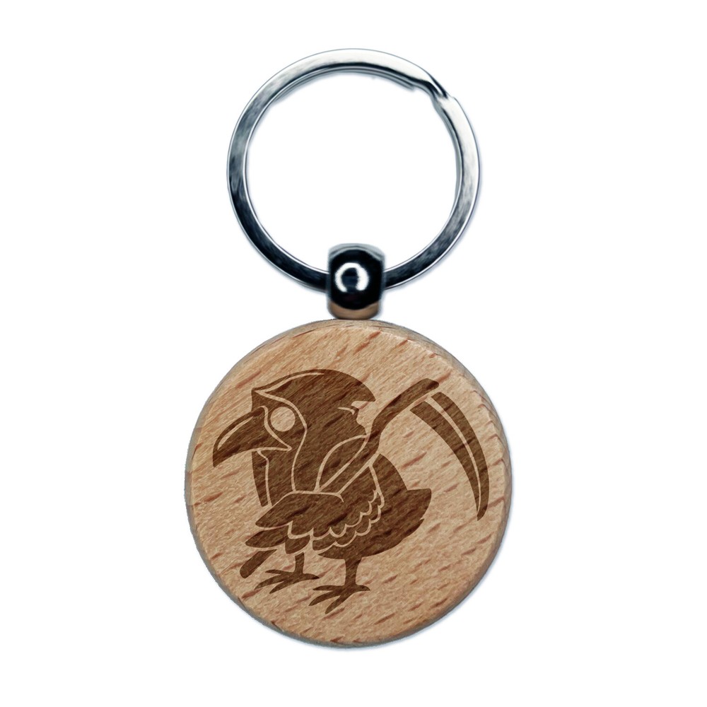 Reaper Raven Hood Scythe Engraved Wood Round Keychain Tag Charm
