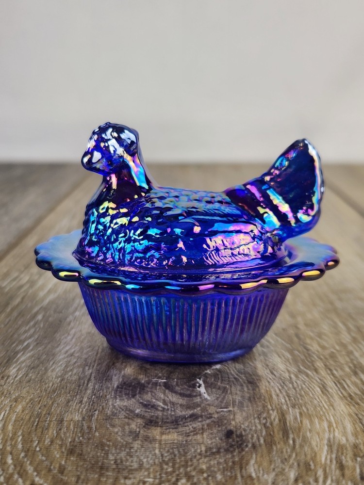 Mini Cobalt Carnival Glass Hen on Nest - Ruffled Edge Salt Cellar / Trinket Box