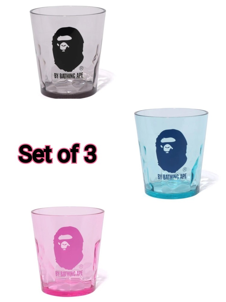BAPE x PLAKIRA APE HEAD Resin Glass Set of 3 in Blue Pink Black