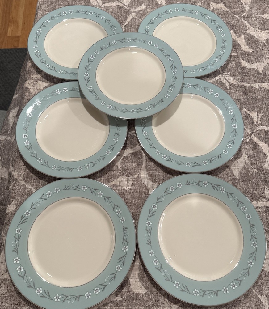 Franciscan Del Rio,USA, Blue w/Platinum: 10.5in plate.  SET OF 7 Discontinued