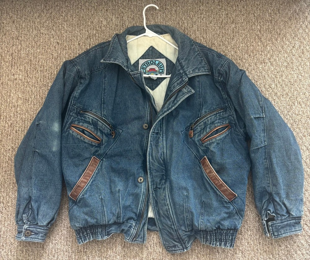 VTG 90s Petroleum Denim Jean Jacket Mens Large Western Biker Leather Insulated