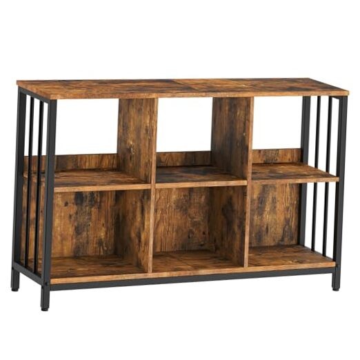 6-Cube Industrial Wood Storage Organizer with Shelf - Horizontal Bookshelf