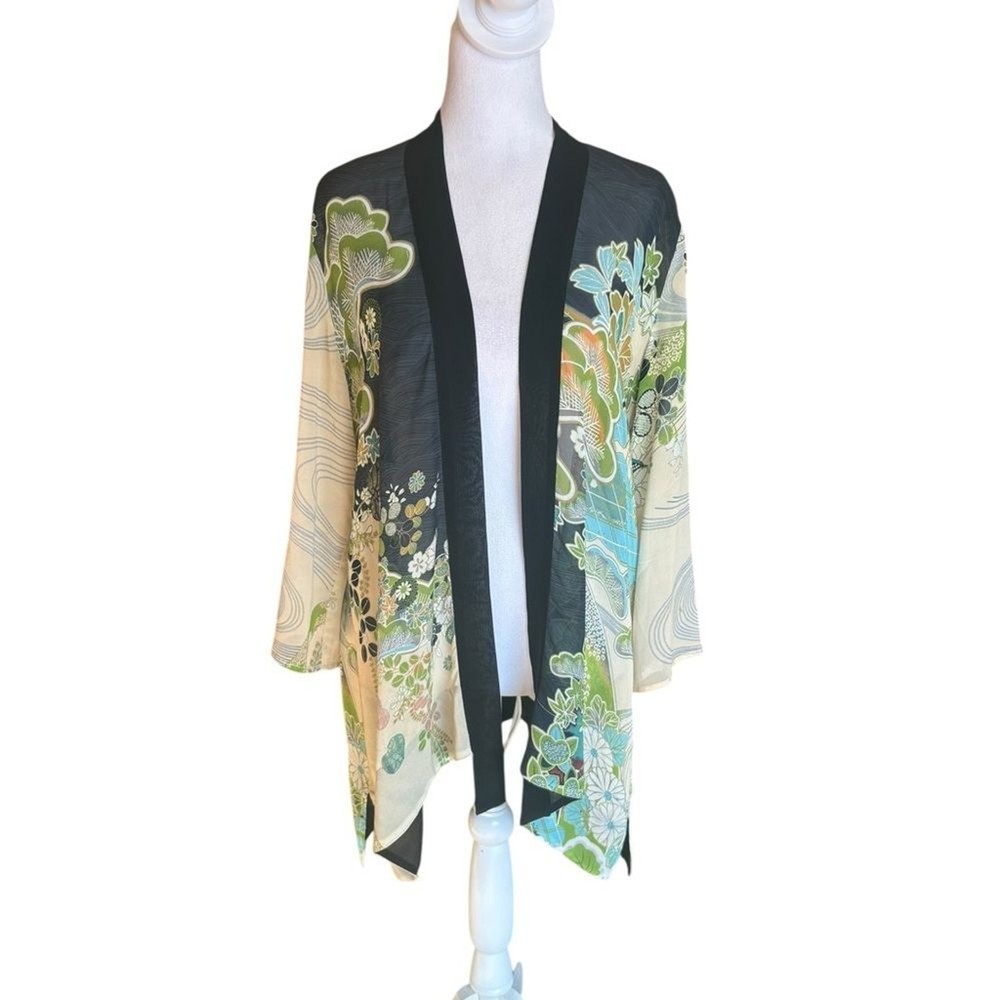 Citron Santa Monica Silk Kimono Floral Abstract Art Cardigan Womens Medium