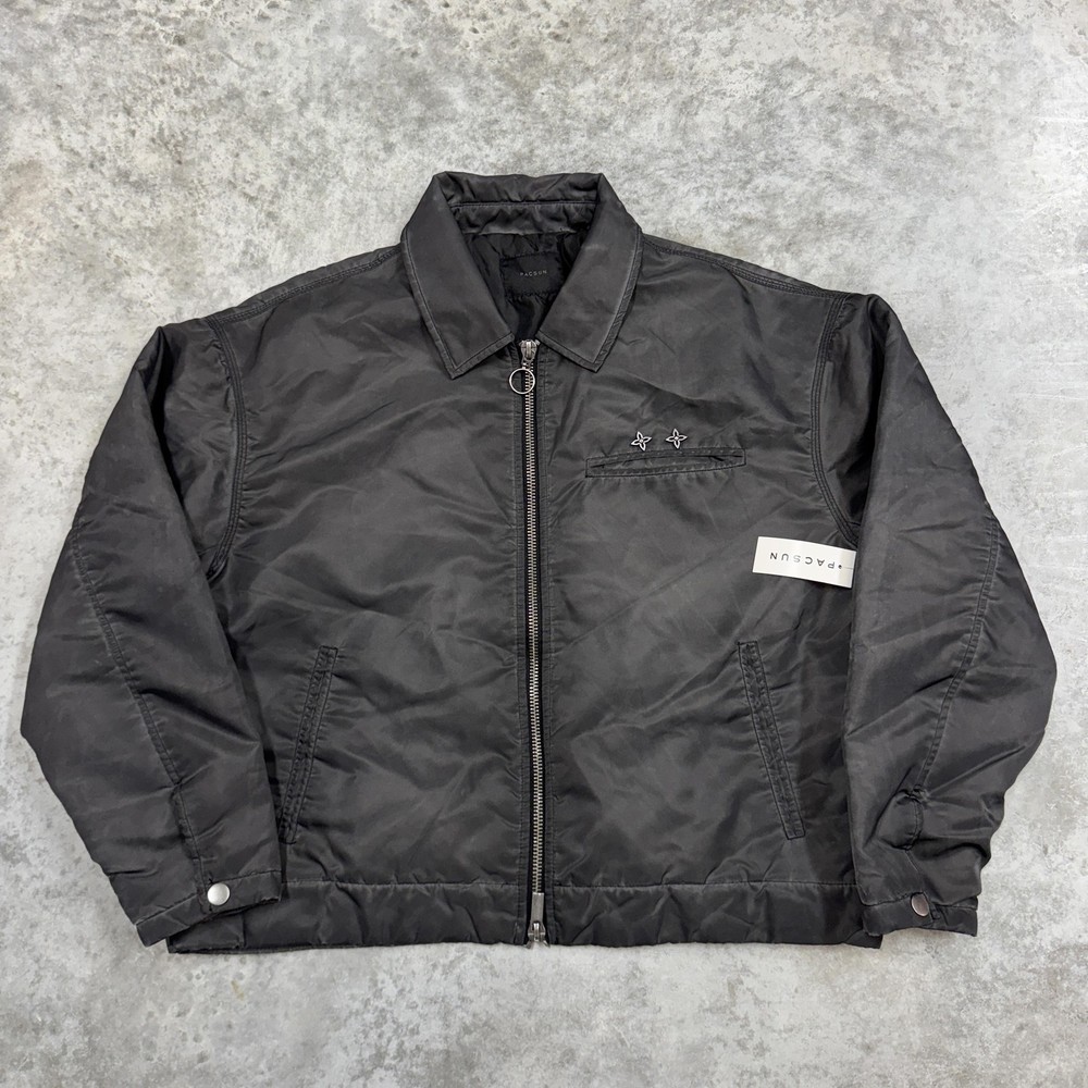 PacSun Jacket Mens Small Black Zip Bomber Workwear Snap Cuffs Ring Pull Star