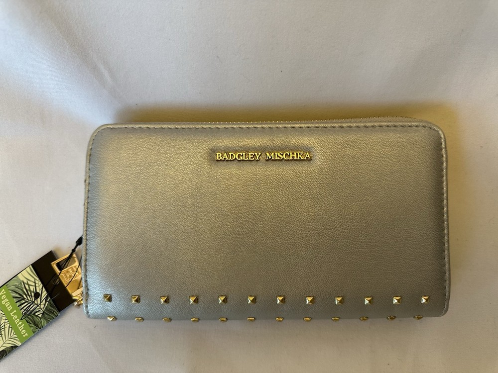 Badgley Mischka Silver Zipper Wallet with Gold Studs Elegant Long NWT