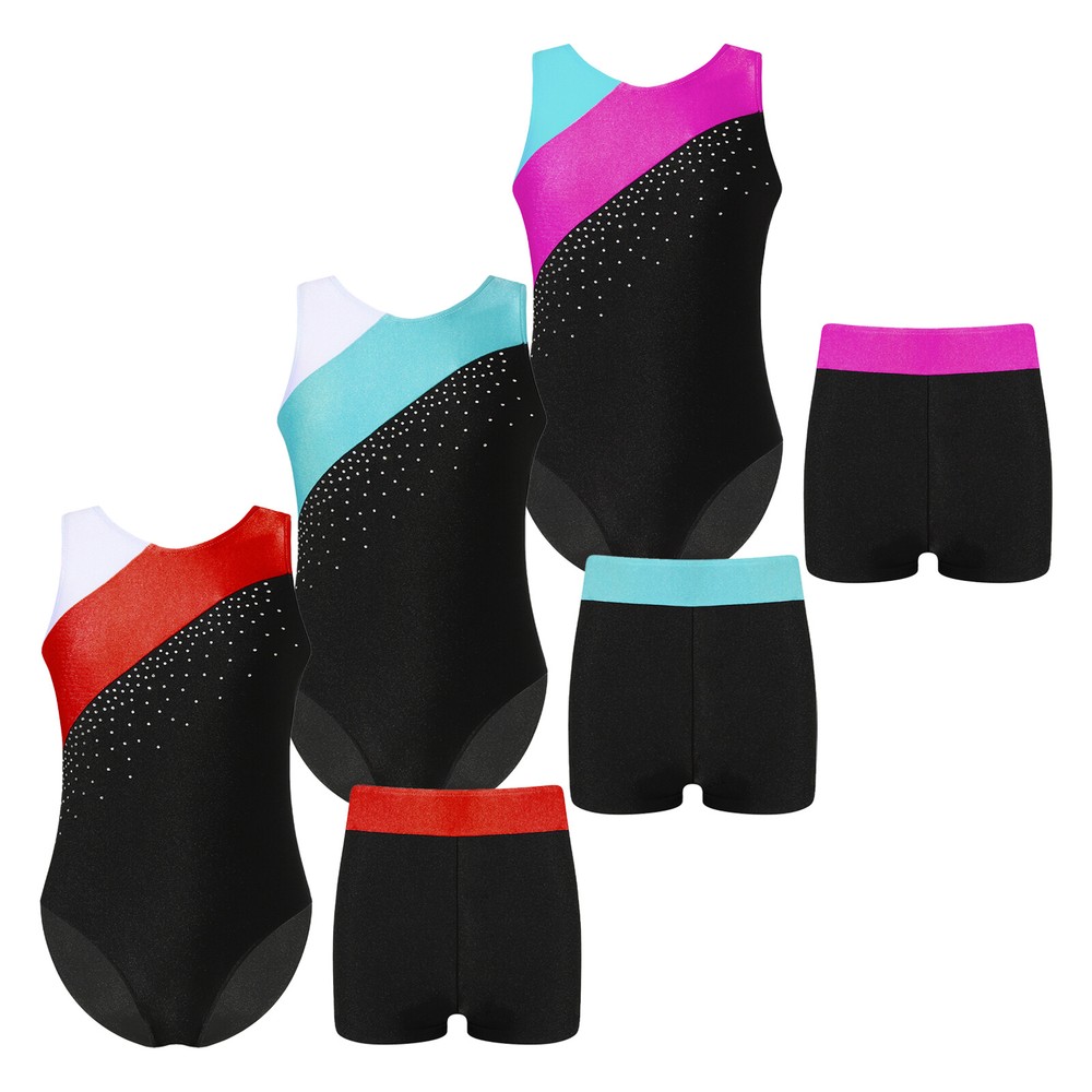 Kids Girls Shorts Neckline Leotard Figure Dancewear Clothes Outfit Decorated
