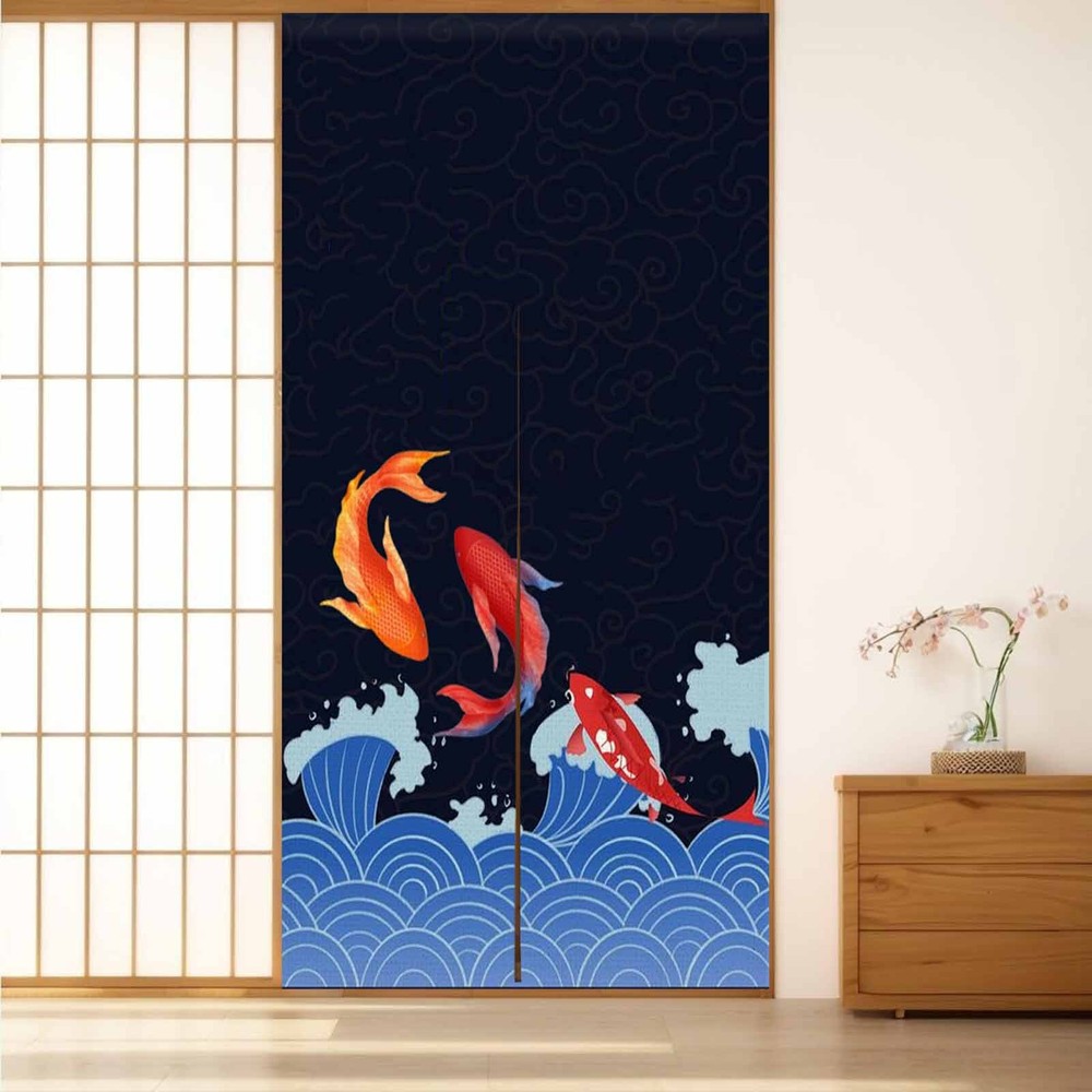 Japanese Big Wave Koi Fish Noren Curtain for Doorway Kitchen or Restaurant Decor