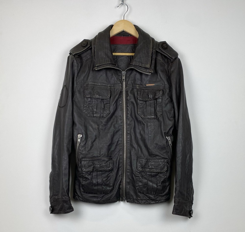 Superdry Men’s Brown Biker Leather Jacket with Moto Pockets Size M Full Zip