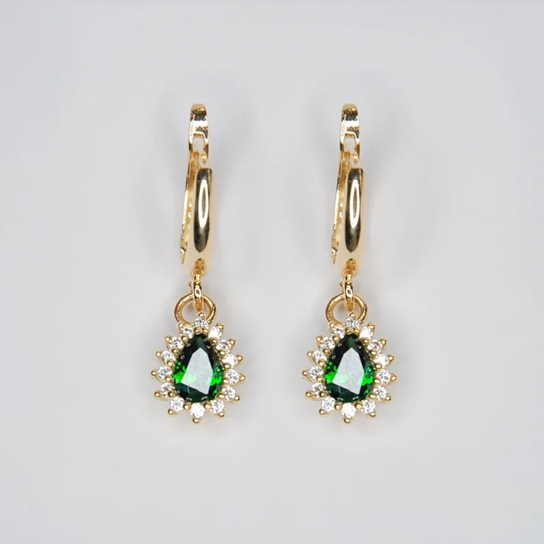 2 Ct Pear Cut Simulated Emerald Halo Drop Earrings in 14k Gold Plated