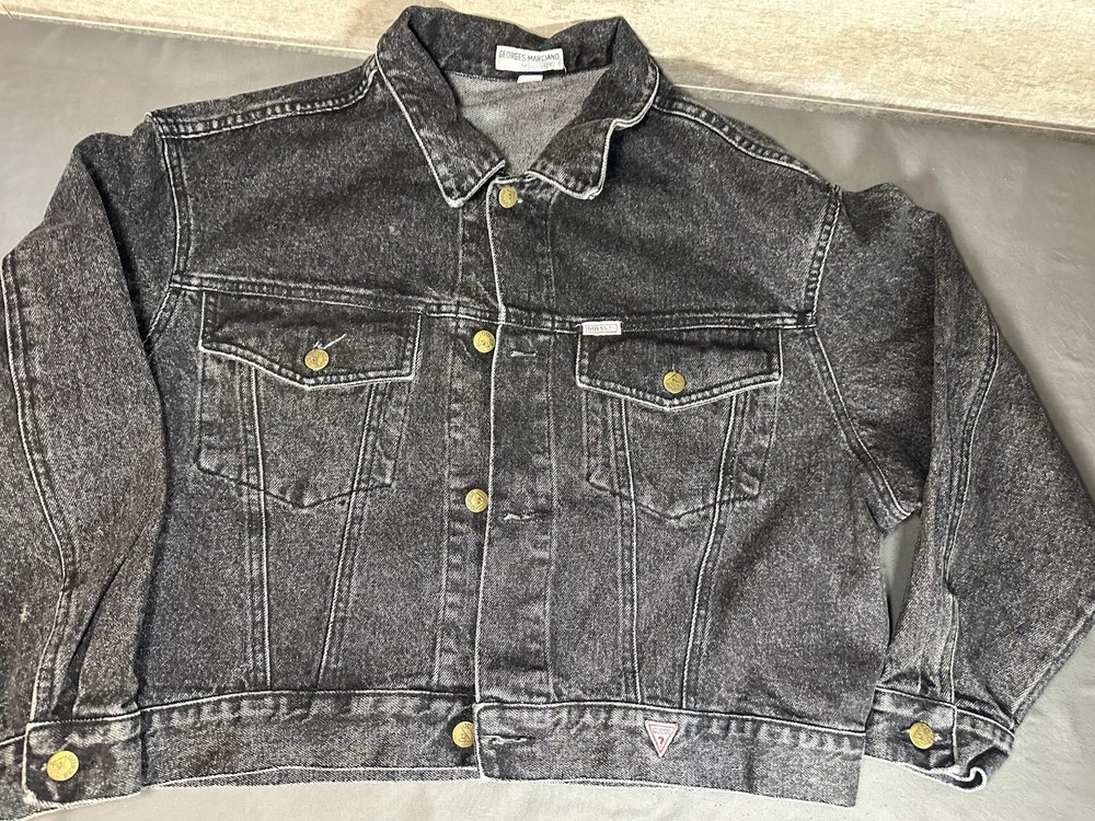 Vintage GUESS Georges Marciano XL Black Faded Denim Trucker Jean Jacket 80s 90s