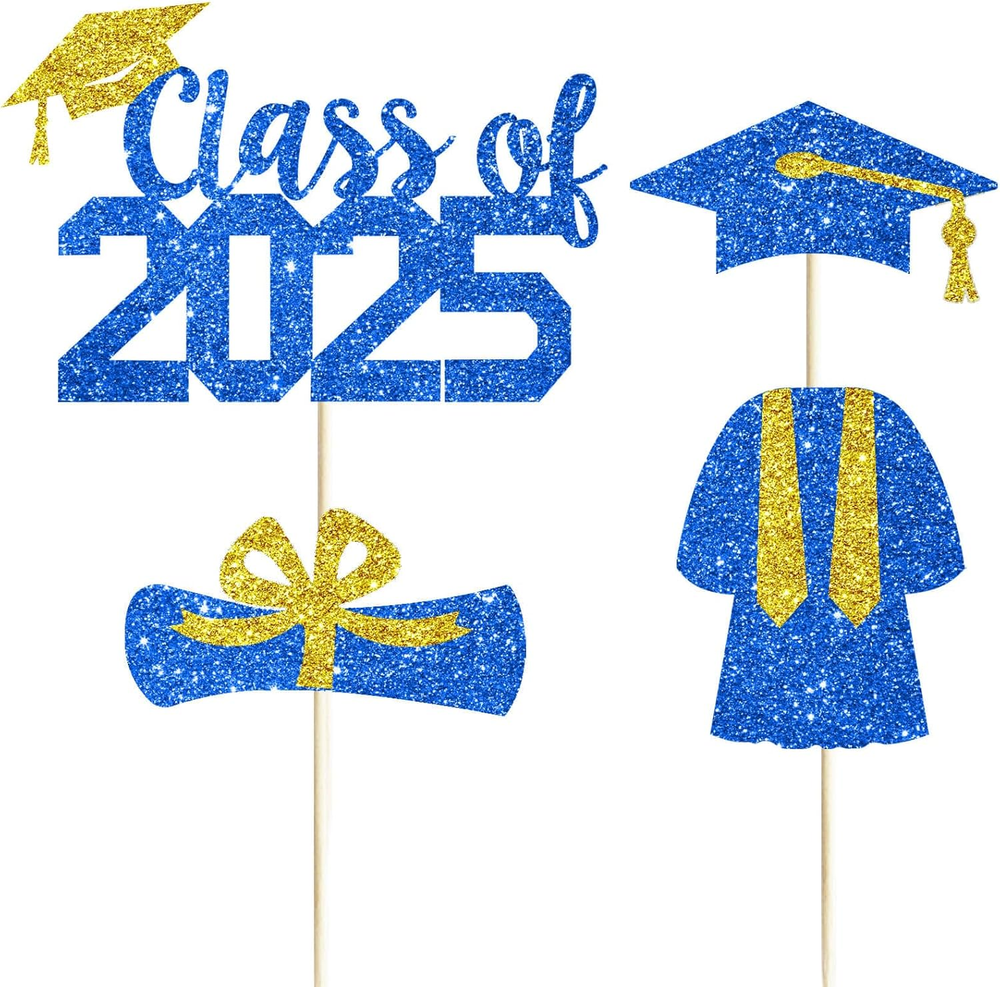 4 Pcs Blue Gold Glitter Class of 2025 Graduation Cake Toppers for Party Decor