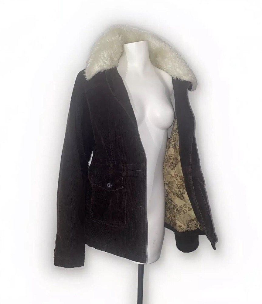 Vtg Y2K Penny Lane Coat Corduroy Faux Fur Jacket Boho Hippie Choc Brown Sz L