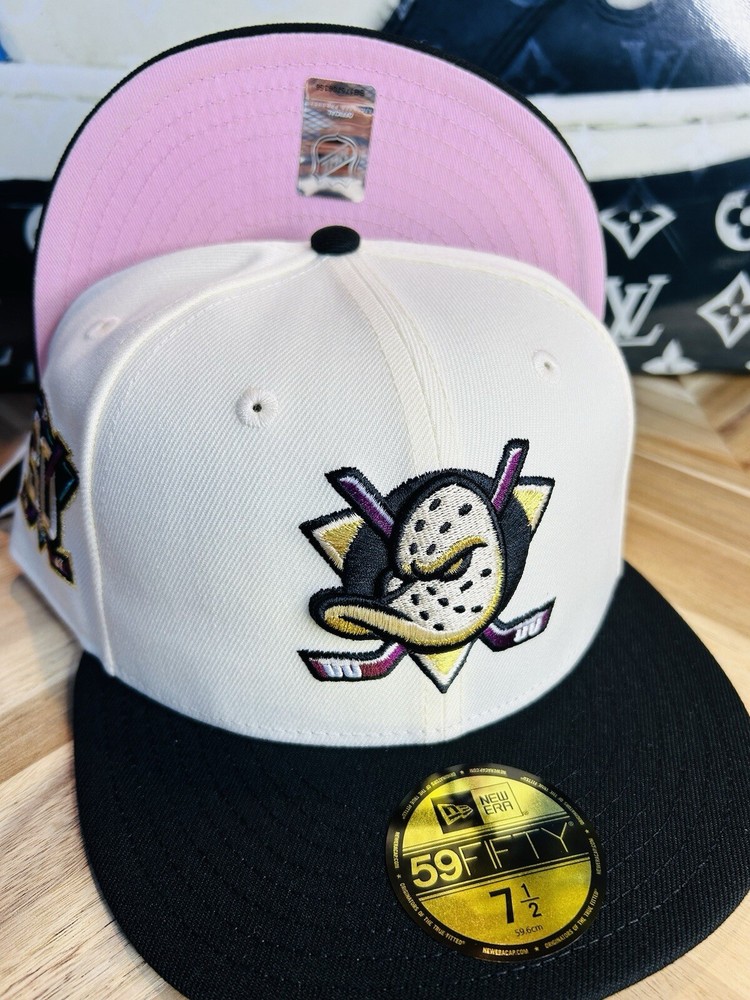 New Era Prociety Rahnni Mighty Ducks NHL White Hat 7 1/2 Pink UV Rare Sold Out
