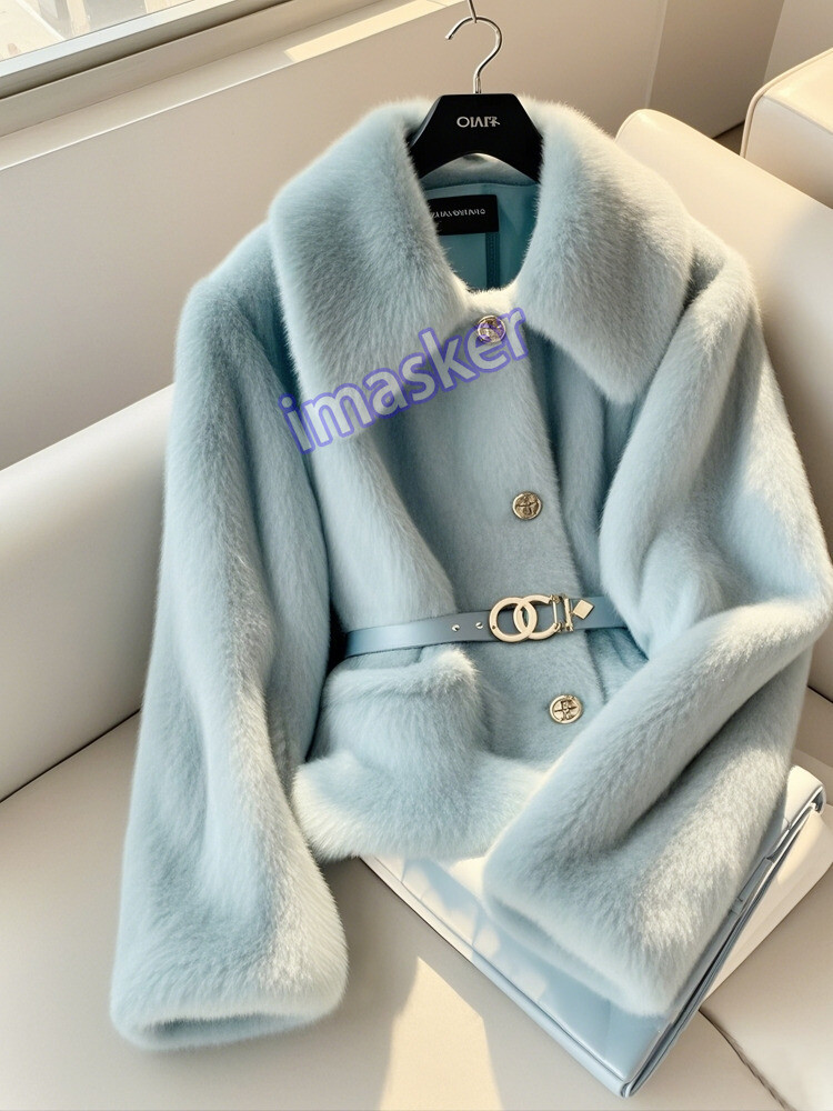 Winter Blue Plush Furry Parka Coat Short Trench Jacket