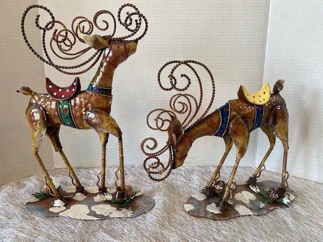 Festive Reindeer Metal Ornaments with Jewels, Pine Cone & Needles - Set of 2