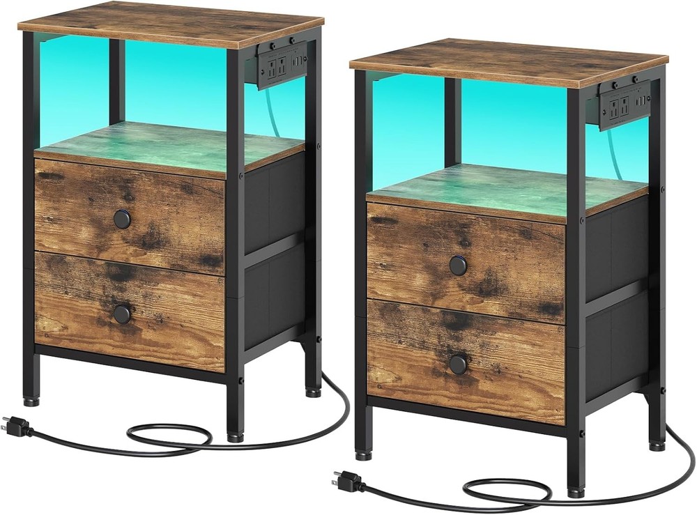 Rustic Brown and Black Nightstand Set of 2 with USB Charging Station