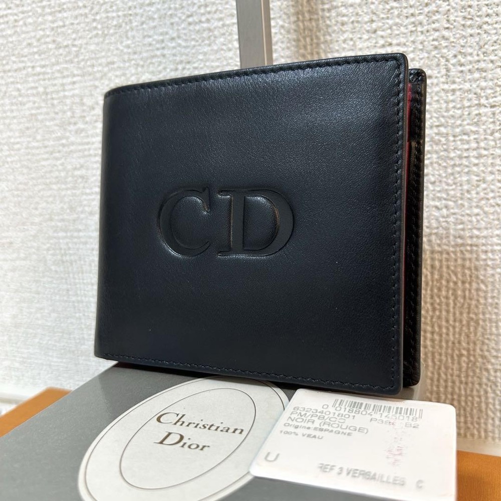 Christian Dior Black Leather Engraved CD Logo Folding Rare Wallet